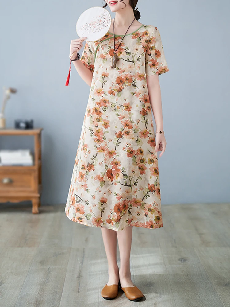 

NYFS 2023 Summer New Vintage Cotton Linen Woman Dress Vestidos Robe Ete Femme Elbise Loose Short Sleeve Cheongsam Long Dresses