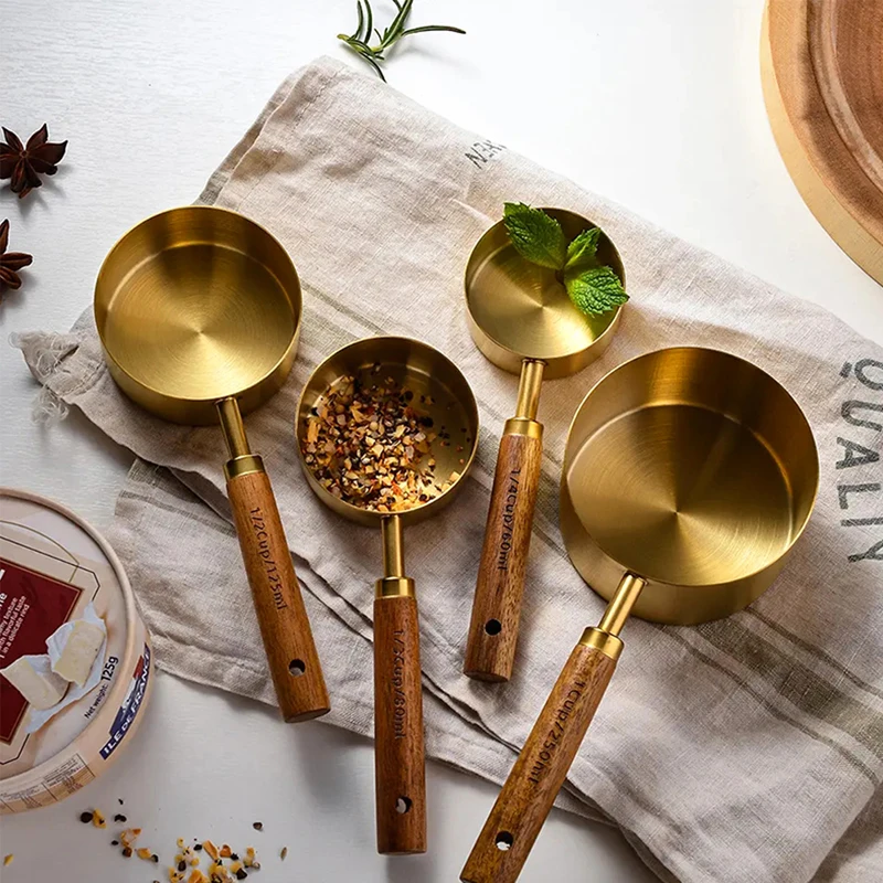4PCS/8PCS Wooden Handle Measuring Cups And Measuring Spoons Stainless Steel Golden Measure Spoon And Measure Cup Set kitchen measuring spoons measuring spoon set measuring cup and spoon set