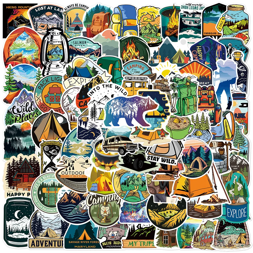 10/30/50pcs Cartoon Forest Hiking Camping Stickers Outdoor Scenery Travel Sticker Luggage Guitar Motorcycle Decoration Decals 10 30 50pcs colorful mushroom stickers graffiti skateboard fridge guitar motorcycle travel luggage cartoon decals sticker toys