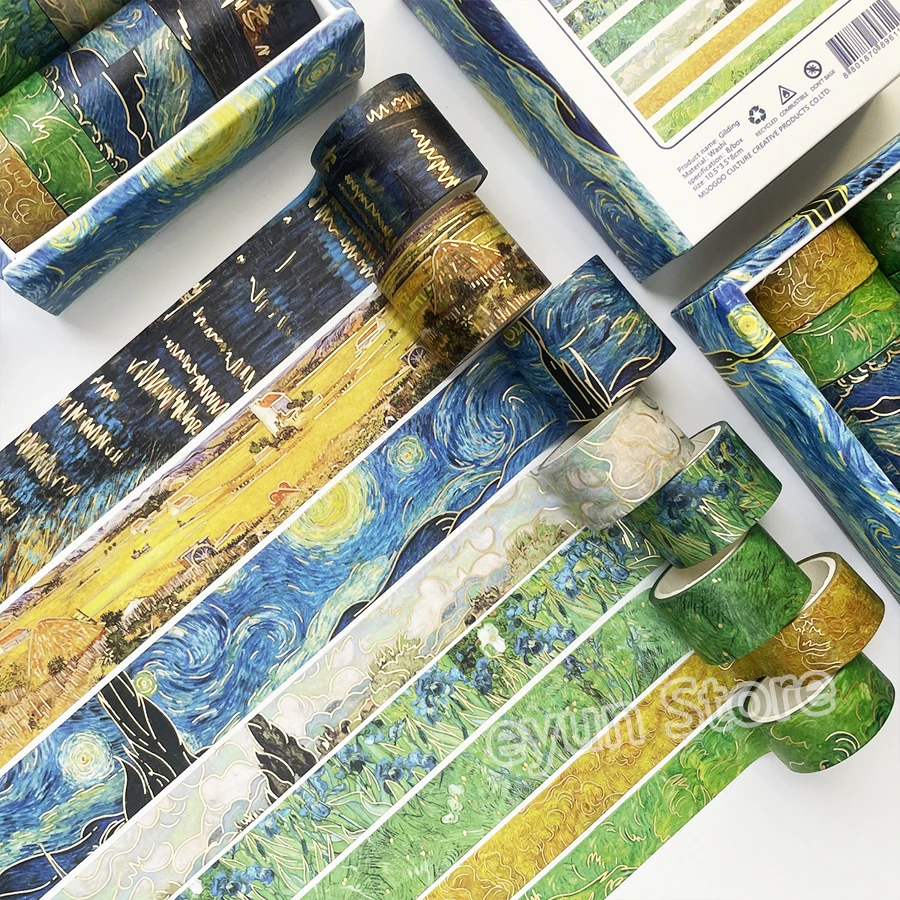반 고흐 유화 시리즈 Washi 테이프 세트 골드 스탬핑 장식 접착 테이프 마스킹 테이프 스크랩북 일기 스티커