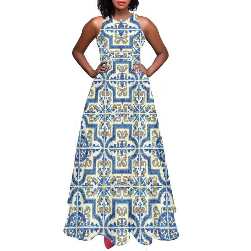 

Stitching Pattern Women Flare Long Dresses Streetwear Holiday Female Elegant Pocket Sundress Lady Stylish Vestidos Dress Outfit