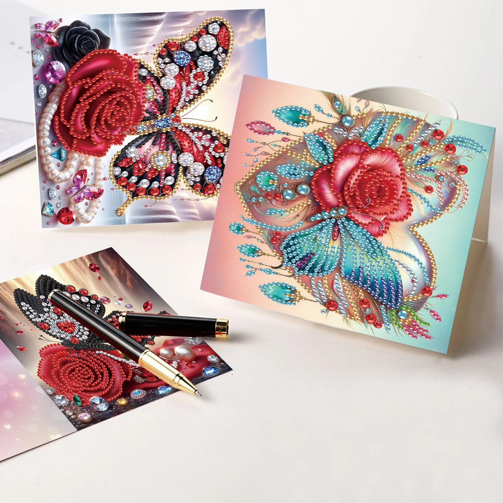 Flower Butterfly Diamond Art Painting Greeting Card 5D DIY Special Shape 8pcs Christmas Birthday