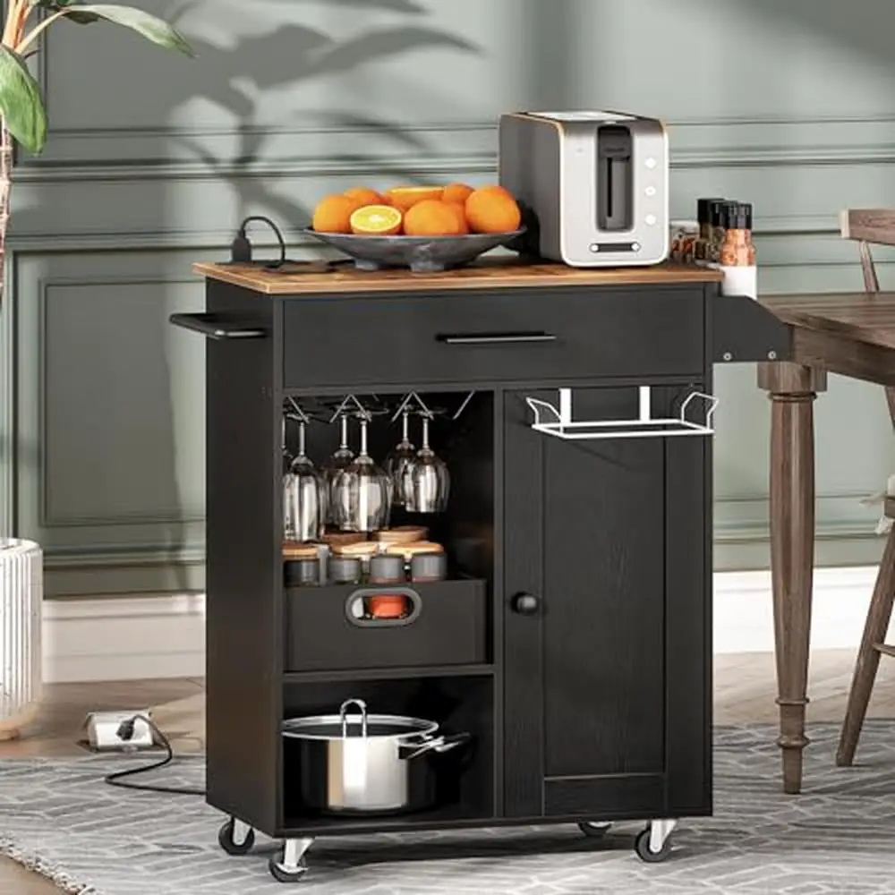 Rolling Kitchen Island Cart with Power Outlet and Handy Socket Ample Storage Space and Wine Glass Rack Sturdy Structure kitchen storage cart