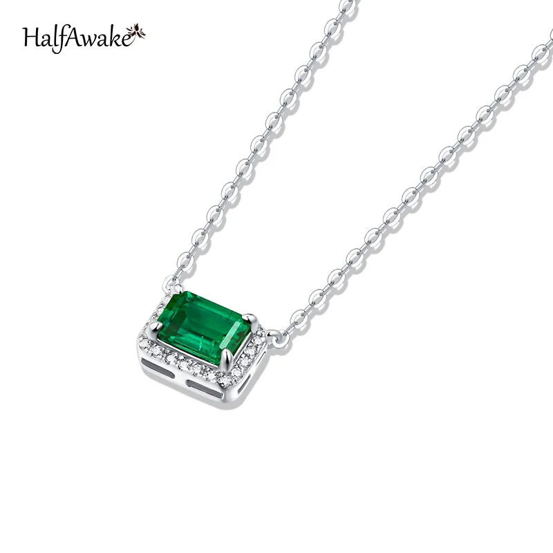 

50cm Silver 925 Real Chain Exquisite Lab Created Square Emerald Pendant Luxury Designer Jewelry For Women Mother's Birthday Gift