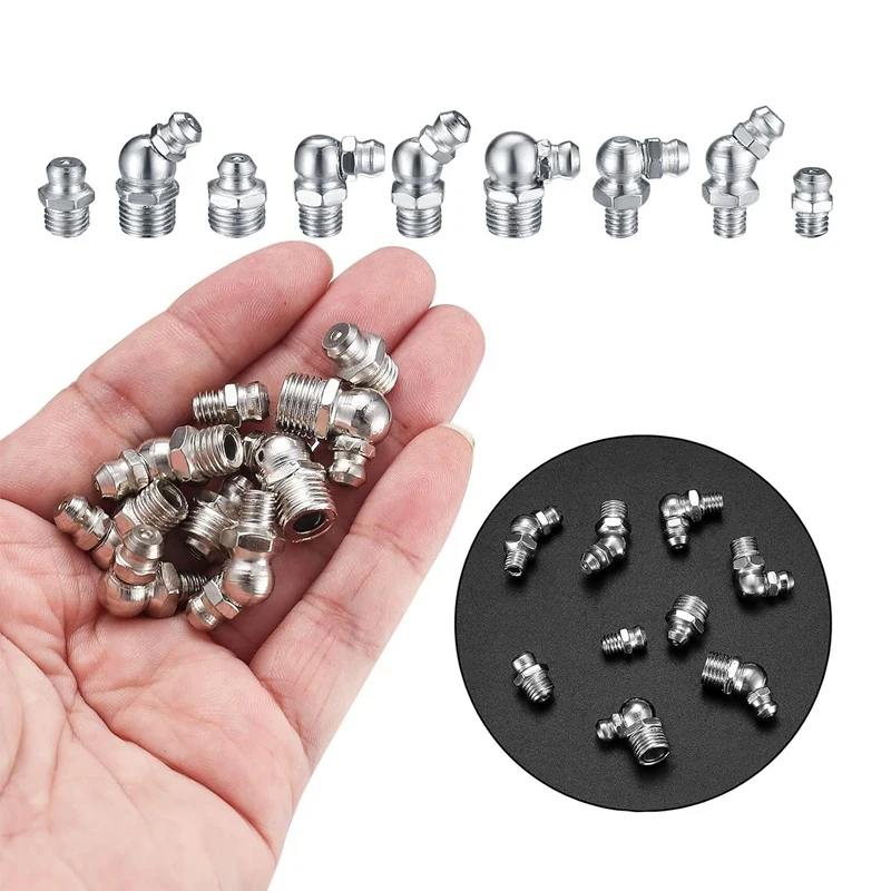 60 Piece Metric Grease Fittings Kit Silver M6 M8 M10 45 90 Degree Hydraulic Grease Zerk Assortment For Angled Mechanical