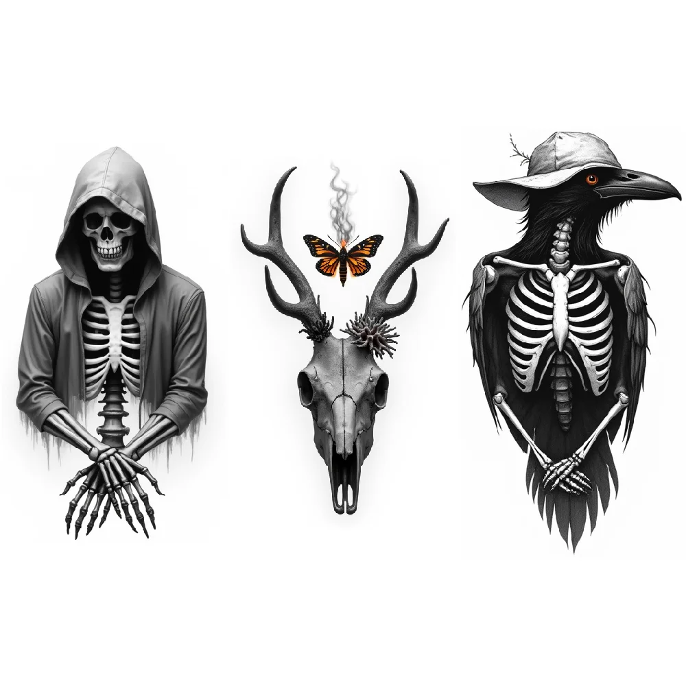 3 uds tatuaje temporal negro y gris Realismo calavera de ciervo con  mariposa pájaro esquelético con sombrero calavera con rosas para brazos -  AliExpress, image size:1000x1000