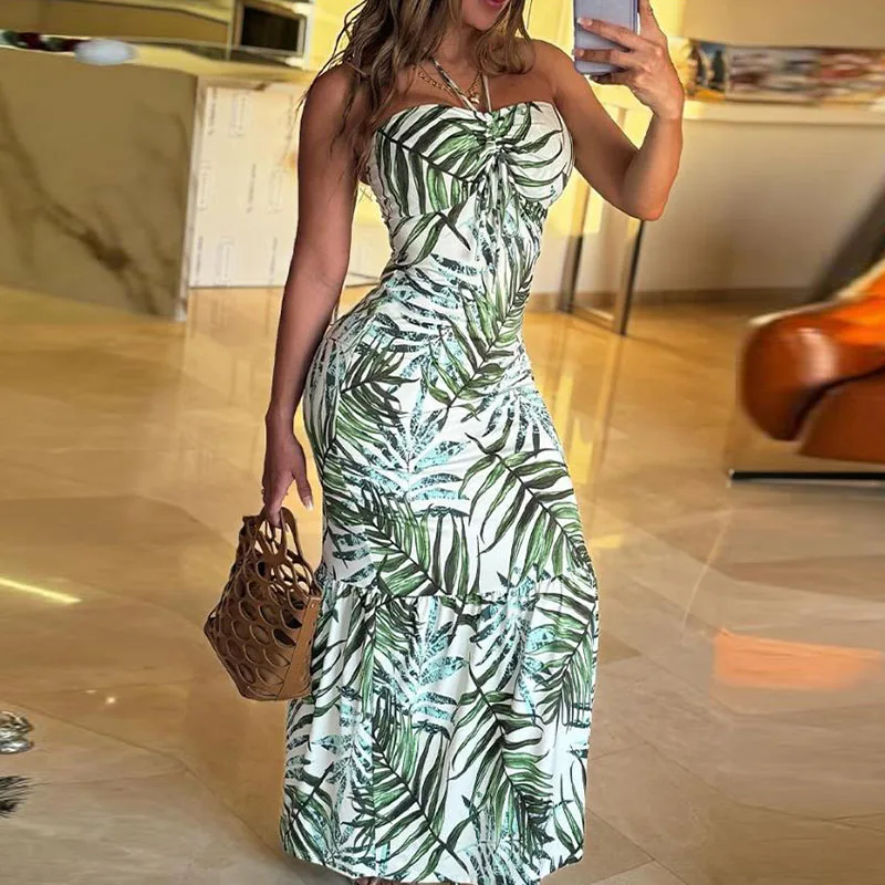 

Платье женское длинное с открытой спиной, пикантный Элегантный Богемный Повседневный Сарафан с принтом и оборками, без рукавов, лето