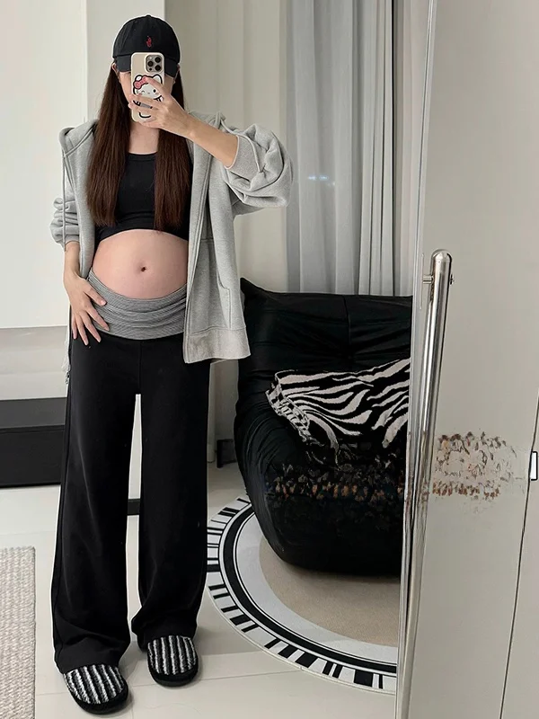 임산부를 위한 루즈핏 스트레이트 레그 팬츠 블랙 스플라이스 와이드 레그 캐주얼 스포츠 롱 트라우저 플러스 사이즈