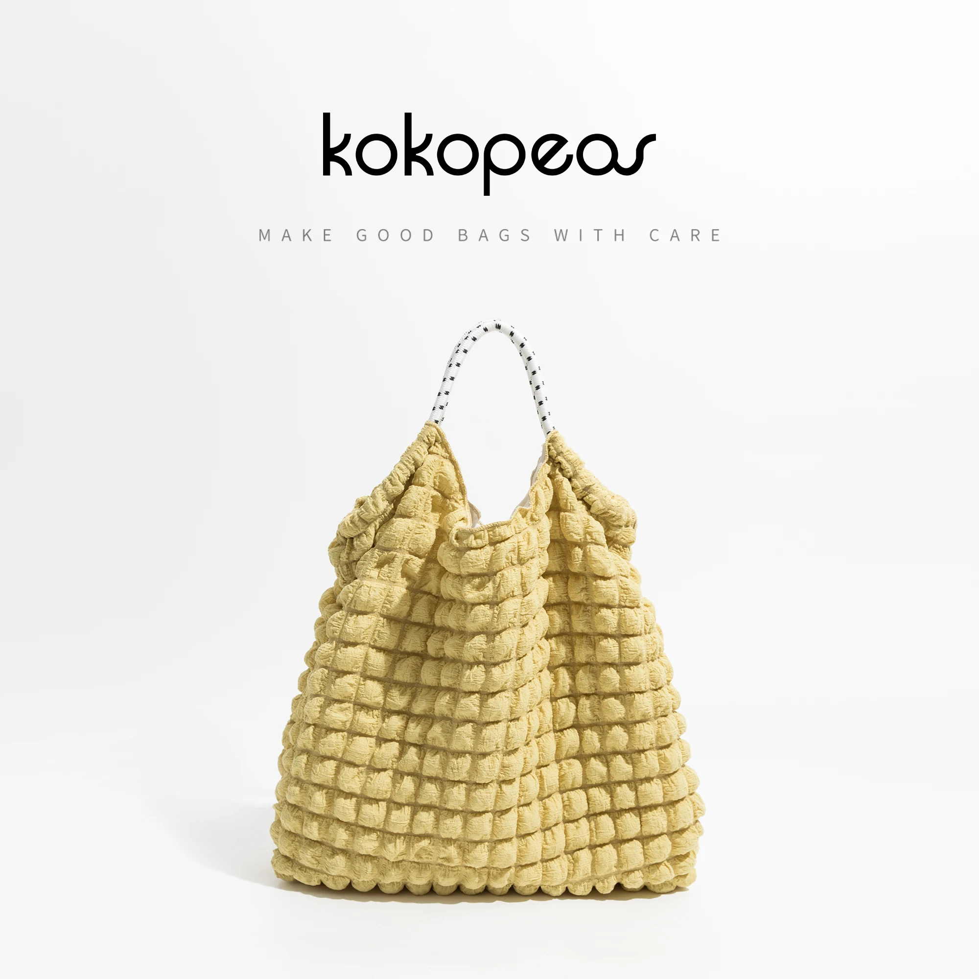 

KOKOPEAS Quilted Puff Bubble Fabric Tote Bag Lightweight Pleated Shopper Handbag Large Protable Travel Grocery Shoulder Purse