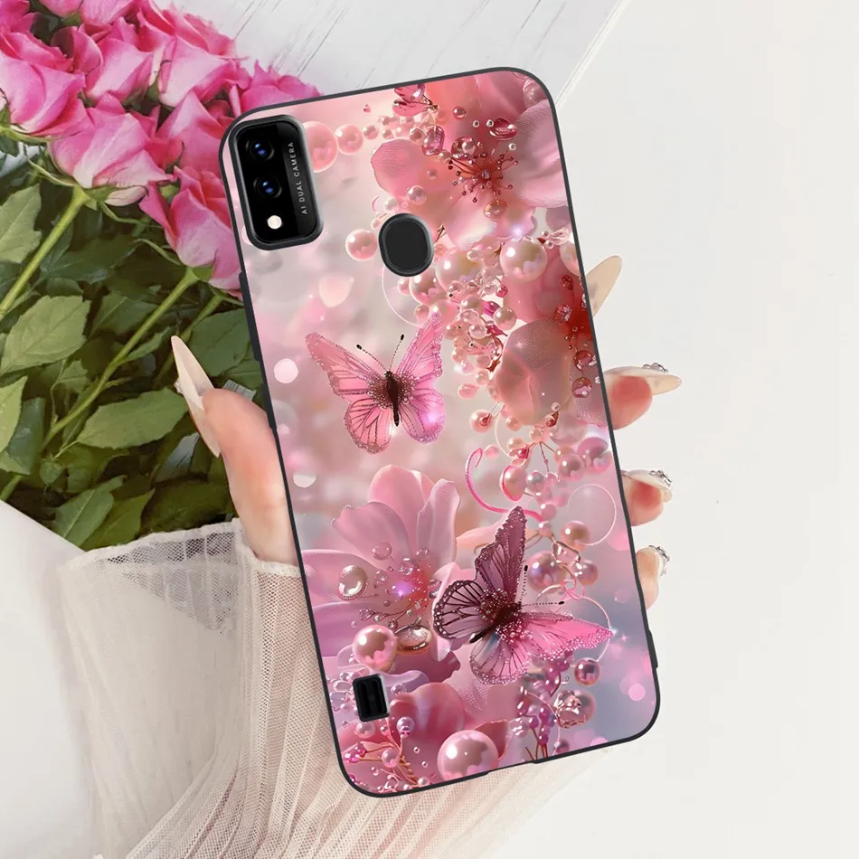 Charming Floral Butterfly Cat Black Silicone Phone Case