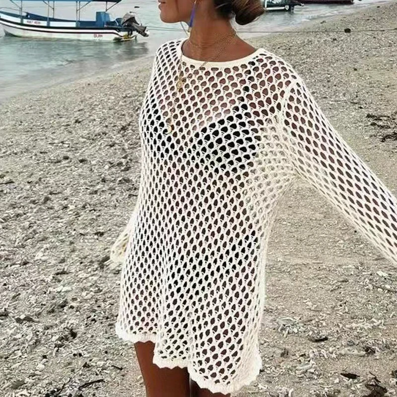 Seaside Hollow Out One Piece Vacation Covers Summer Solid knitted Fish Mesh Pullover Tops Long Sleeve White Full Dresses swimsuit cover up swimsuit coverup fishnet cover up