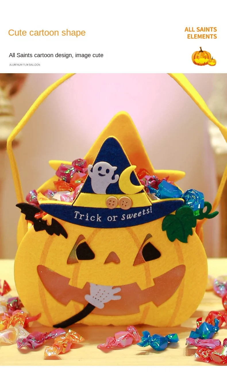 6 Stück Halloween Candy Bags Party liefert Vlies Kürbis Einkaufstaschen Halloween Requisiten Süßes oder Saures Taschen Tote Filz Candy Bags – Detail 4