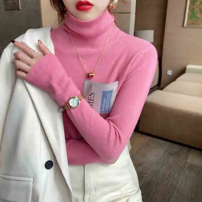 New Autumn and Winter Women's Turtleneck Long-sleeved Sweater Elegant Slim-fitting Knitwear Bottoming Shirt Solid Color Top