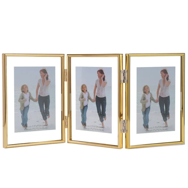Cornice doppia per foto, 10 x 15 cm, pieghevole, in legno, con supporto frontale in vetro, verticale su scrivania, colore argento