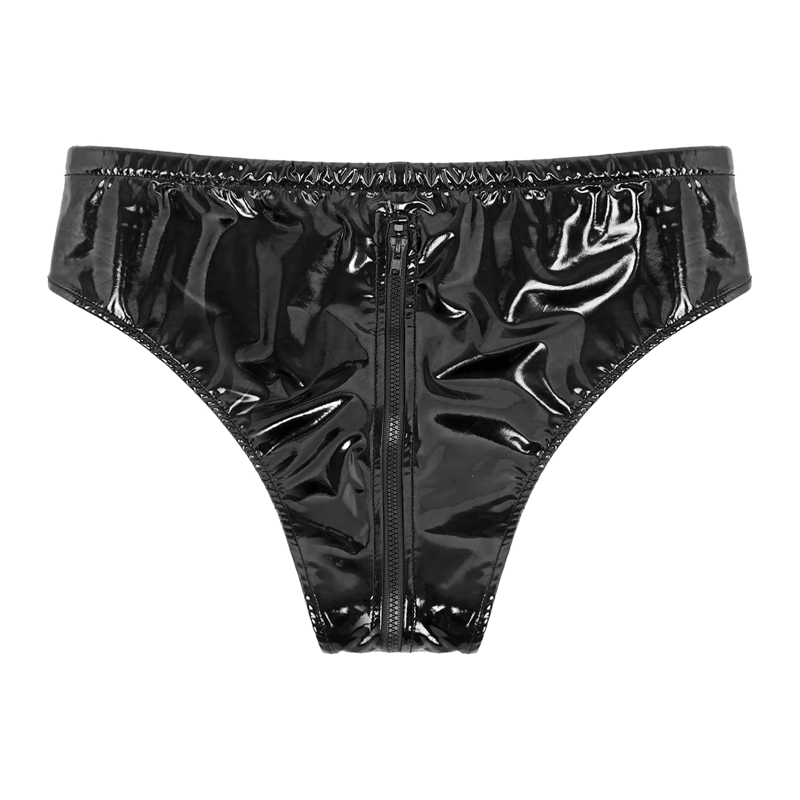 Mens Glossy Drawstring Low Waist Zipper Briefs Panties Wet Look Patent Leather Underpants Underwear Club Stage Show Costume