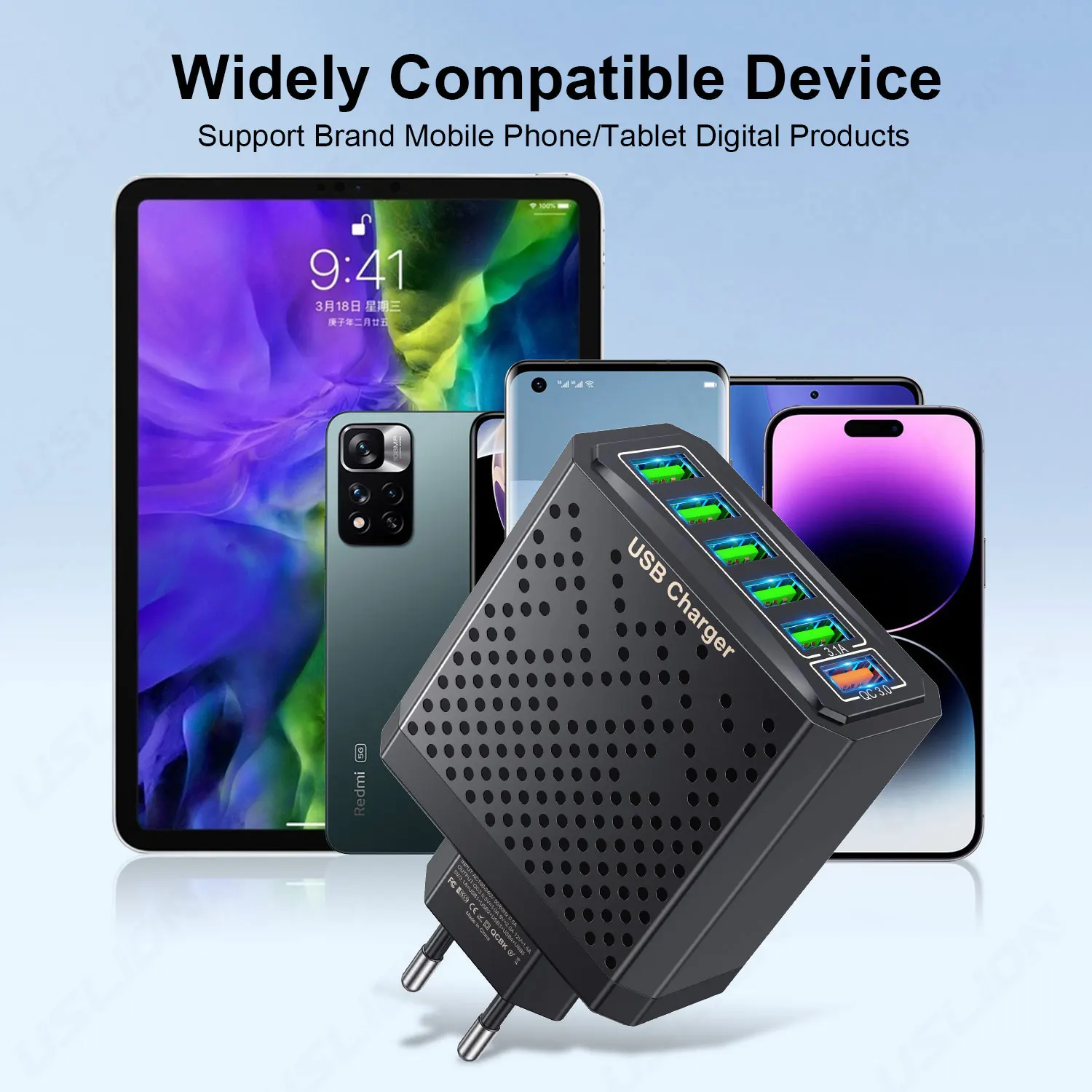 USLION 6 Ports 3.1A USB Fast Phone Charger Adapter 6 In1 Mulit EU/AU/US Plug Travel Charger For iPhone Xiaomi QC3.0 Quick Charge