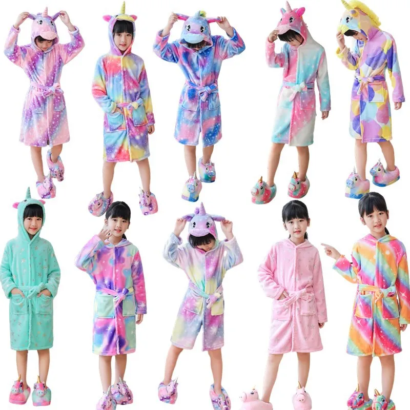 Autumn Winter Kids Sleepwear Kigurumi Unicorn Robe Flannel Warm Bathrobe For Girls 4-12 Years Teenagers Children Pajamas For Boy
