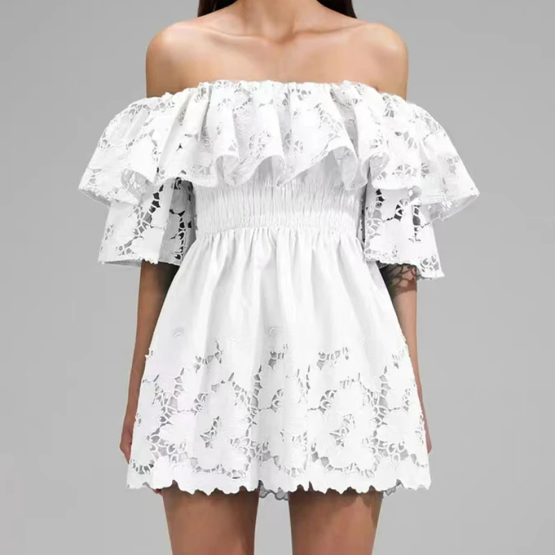 

Women One-shoulder Lace Hollow-out Ruffled Temperament Off-the-shoulder Waist A-line Dress 2023 Summer New Style