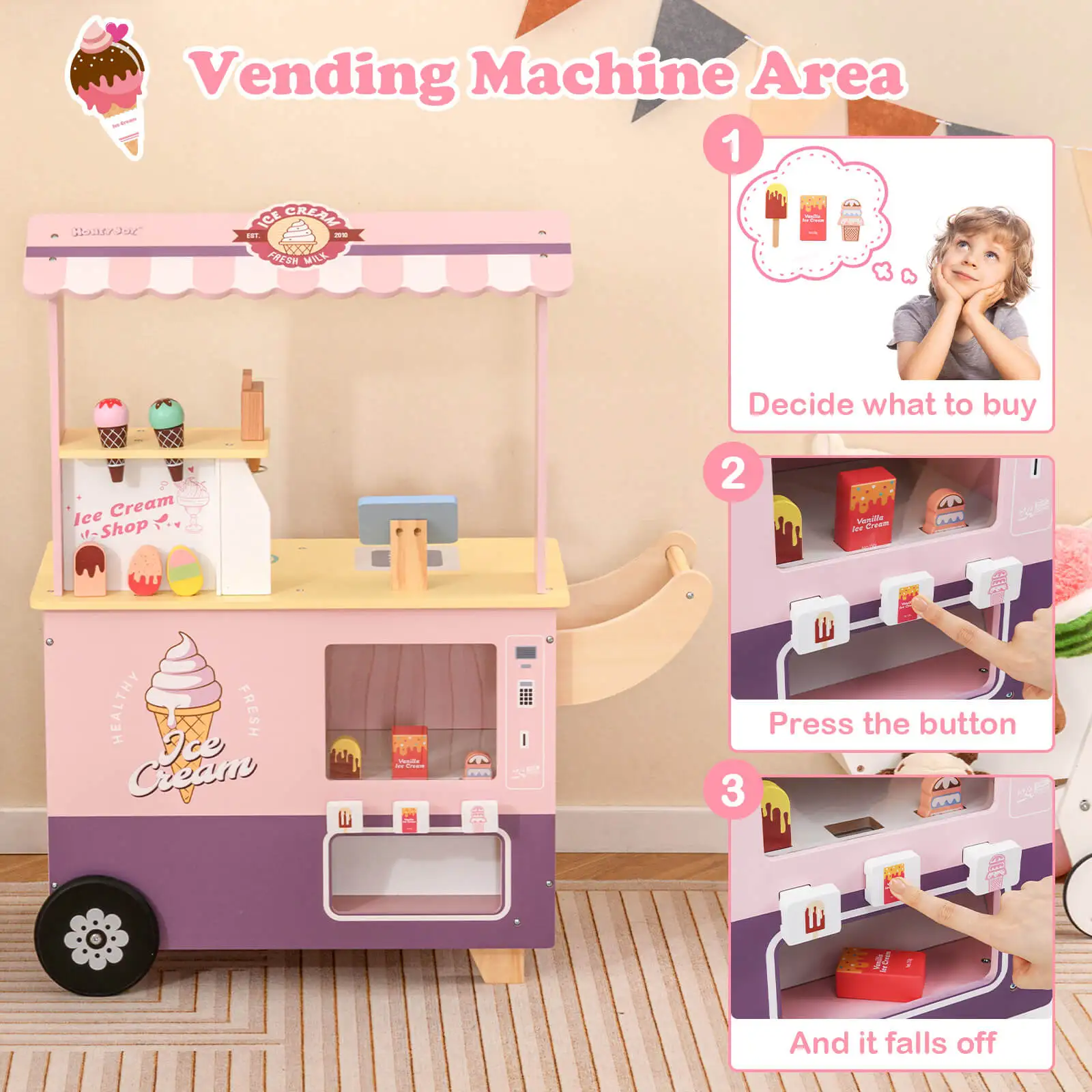 Kids Ice Cream Cart with Vending Machine & Ice Cream Maker Toys Display Stand 5
