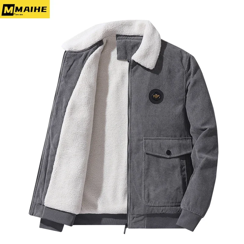 Men 2023 Winter New Fleece Warm Thick Jackets Men Fashion Fur Collar Corduroy Coat Men Autumn Outwear army green Casual Jacket M