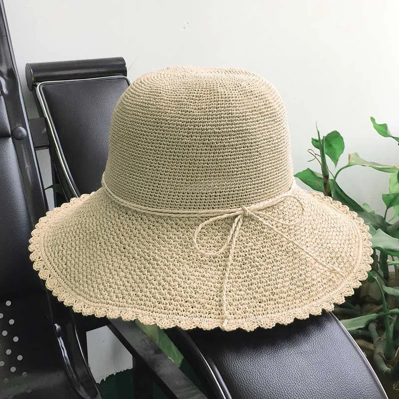 Paper Straw Beach Sun Hat Women Handmade Crochet Straw Hat Ladies Spring Summer Bucket Big Brim Foldable Floppy Cap sun hat sun protection hat