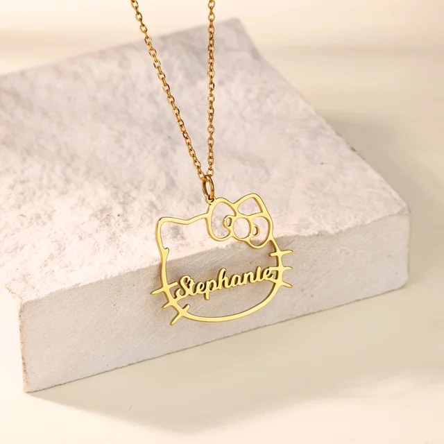 Sanrio – collier personnalisé Hello Kitty pour femmes, plaque nominative personnalisée, pendentif chat de dessin animé, bijoux en acier inoxydable