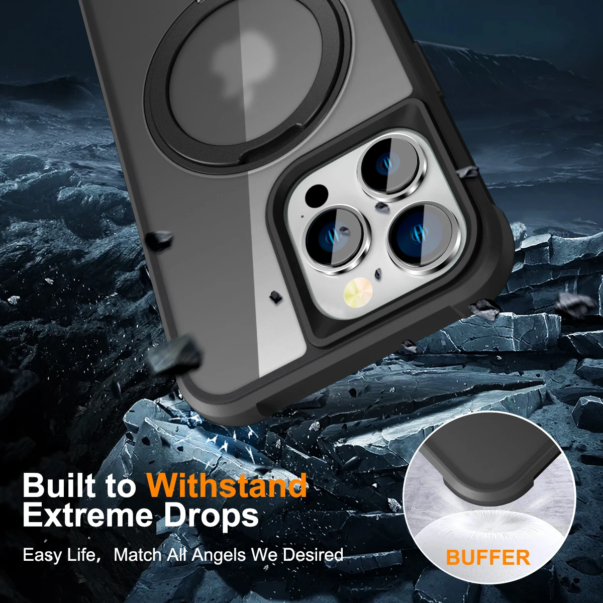 Shockproof Translucent Matte Magnetic Case for iPhone 15 Pro Max 14 13 12 11, 360 Rotating Ring Kickstand, Magsafe Phone Cover