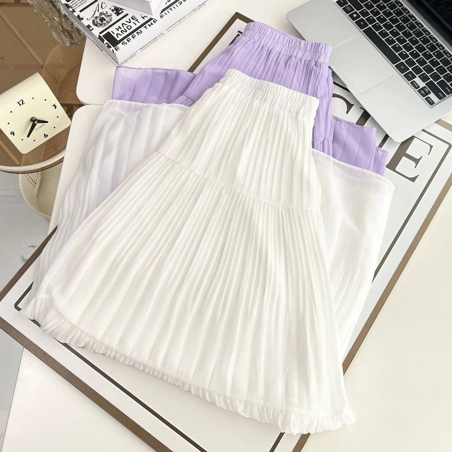 100kg Plus Size Women's Long Skirts Summer New Style Fashionable Elegant mid-length A-Line Pleated Chiffon Skirt