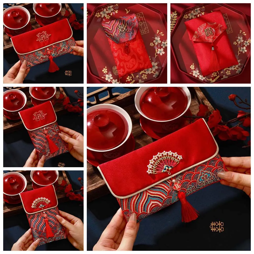 New Year Blessing Words Brocade Red Envelope Brocade Cloth Tassel Embroidery 2025 Money Pocket Spring Festival Best Wishes