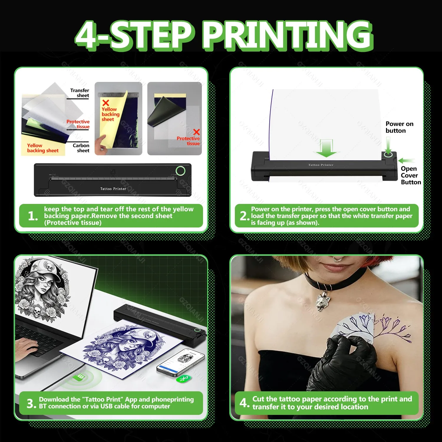 GZQIANJI GZTP04 Wireless Tattoo Transfer Stencil Printer Thermal Tattoo Bluetooth Print Machine with 5pcs Free Transfer Paper