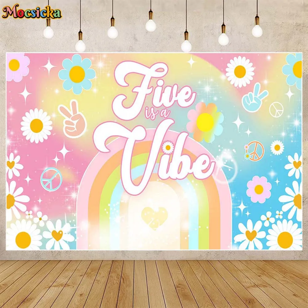 

Mocsicka Five Is a Vibe Birthday Party Decor Photo Background Daisy Boho Rainbow Groovy Girl 5th Birthday Backdrop Banner Custom