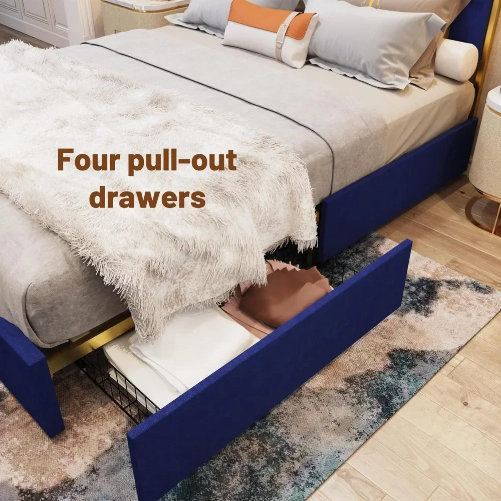 Bed Frame with Storage Drawers - High Headboard Upholstered Bed Frame in Plush Velvet with Gold Accents Beds Frames 4