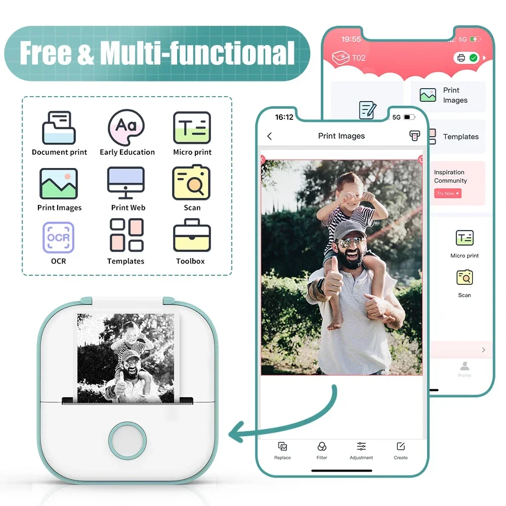 Solid T02 Portable Mini Wireless Thermal Pocket Printer Self-adhesive Stickers Use for DIY Journal Sticker Impresora Port&aacute;til