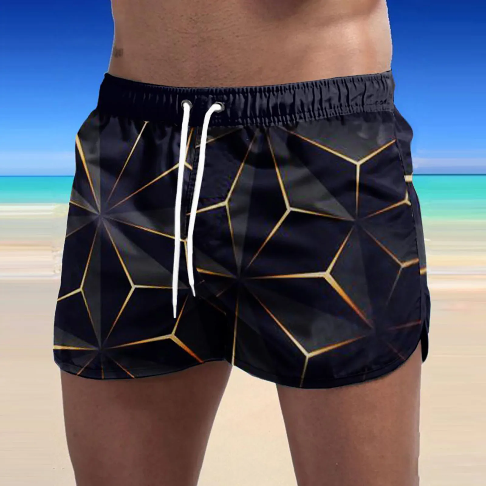 

Mens Swimming Trunks Harajuku Geometric Print Board Shorts Drawstring Elastic Waist Shorts Swimwear Hawaiian Surfing Sports Wear