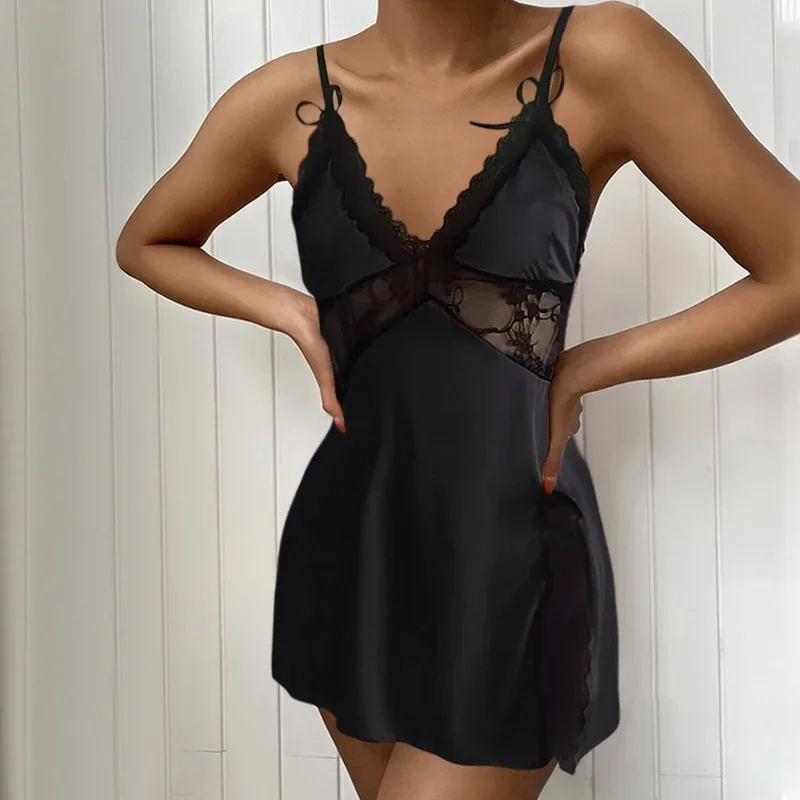 Fancy Lingerie Women's Nightgown Sexy Backless Lace Low Neck Dresses Pure Colour Women's Homewear Dresses Evening Gowns Dresses