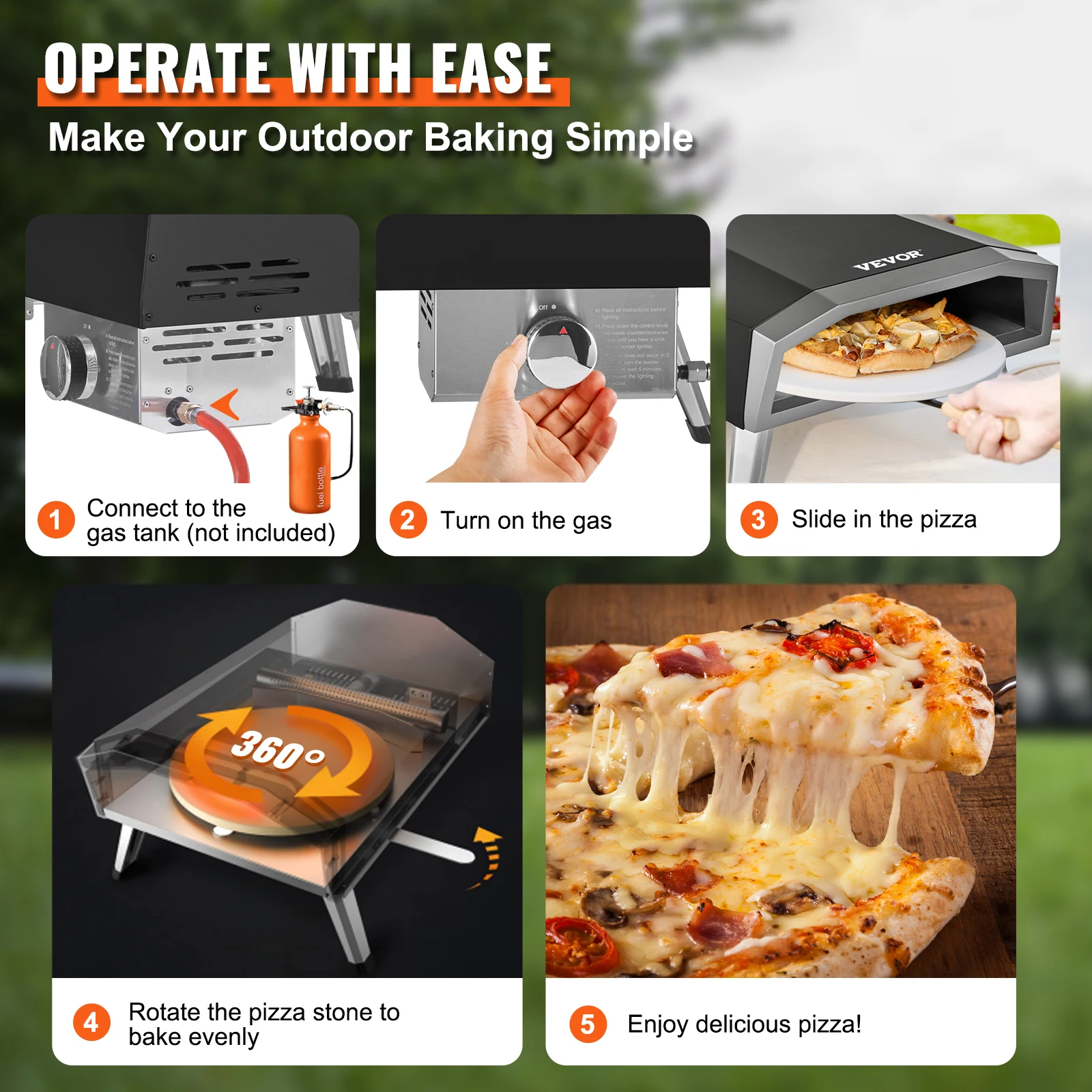 VEVOR Outdoor Pizza Oven, 16In, Gas Fired Pizza Maker, Portable Outside Stainless Steel Pizza Grill w/360° Rotatable Pizza Stone 6