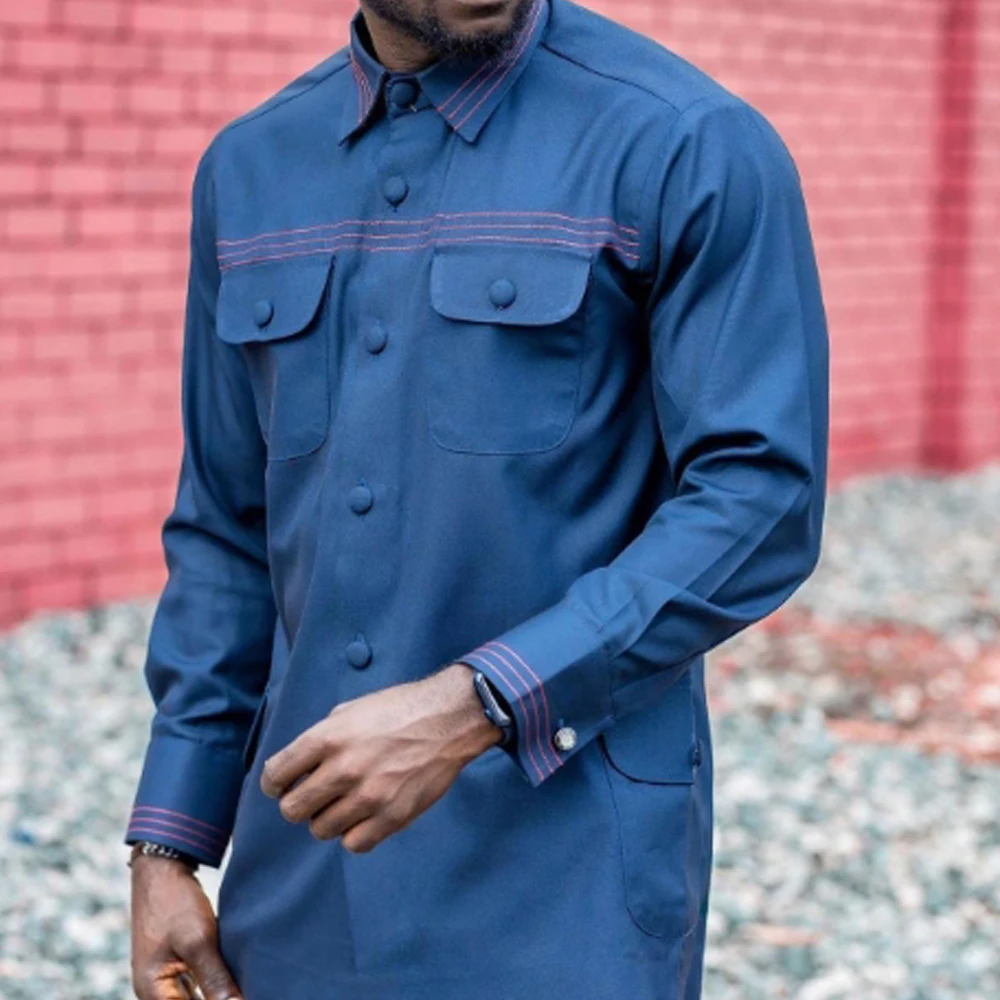 2024 Men's Single Breasted Tuxedo Outfits Pocket Top Pants Suit Set Kaunda Suit African Ethnic Casual Wedding 2PCS Suit Clothing