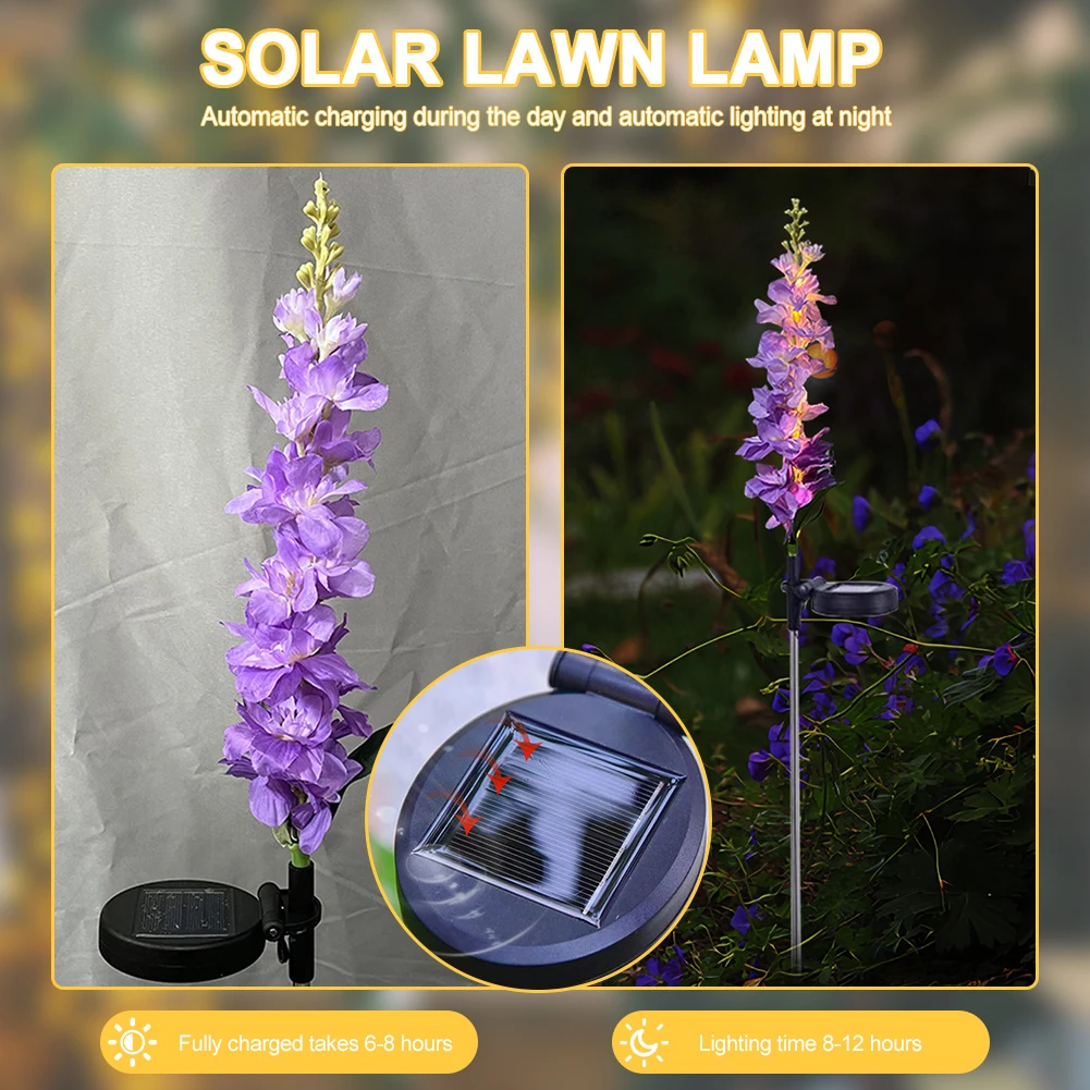 태양열 정원 조명, 방수 태양열 Delphinium 꽃 조명, 마당 정원 장식 선물, 2 개