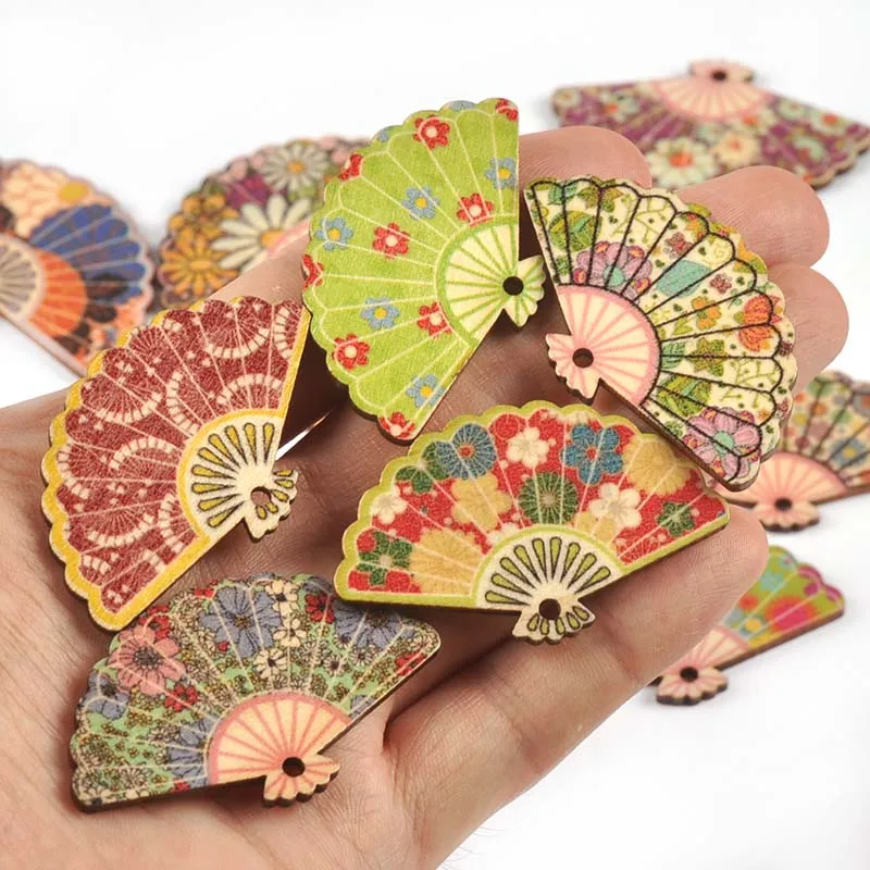 20Pcs 29x48mm Painted Fan Wooden Pendant DIY Crafts Supplies Hanging Ornaments Retro Wood Slices Home Decor C3427