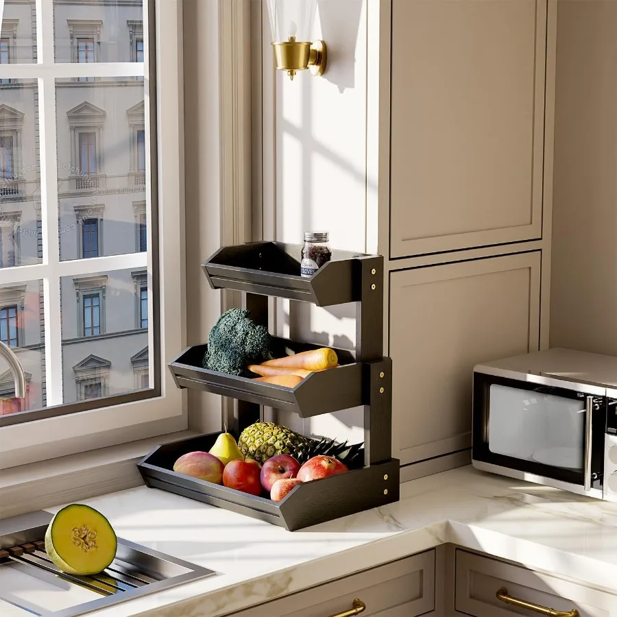 HOLANA Acacia 3 Tier Fruit Basket for Counter Wooden Fruit Bowl for Kitchen Counter Organizer Produce Storage Wooden Basket Sna