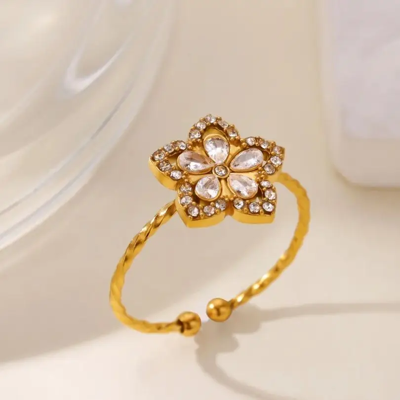 Zircon Flower Rings Women Gold Color Stainless Steel