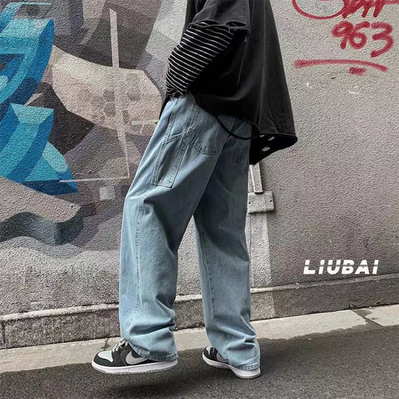 Harajuku Chic Straight Pants Men Jeans Men's High Street Vintage Jeans Korean Loose Straight Floor Mops Spring Overalls