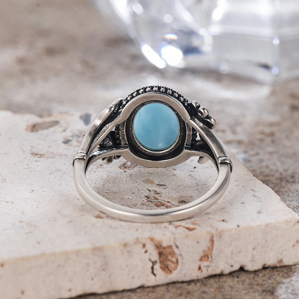Vintage 925 Silver Ring With Natural Oval 8X10MM Larimar Stone Certified Rings With Plants Bohemian Flower Rings For Women 6