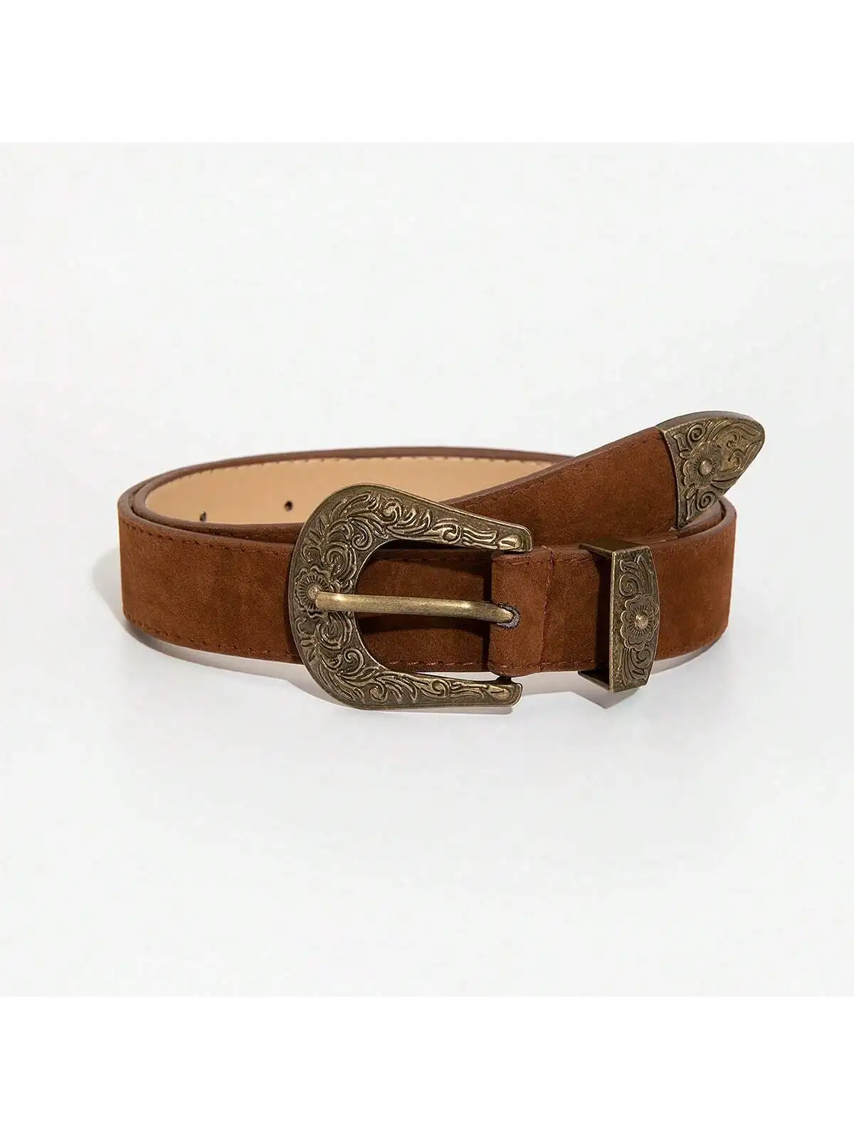 1 Stück Damen-Gürtel aus braunem, geschnitztem Bronze-Metallschnalle, mattierter feiner Samtgürtel für Jeans, vielseitiger dekorativer Gürtel – Detail 2