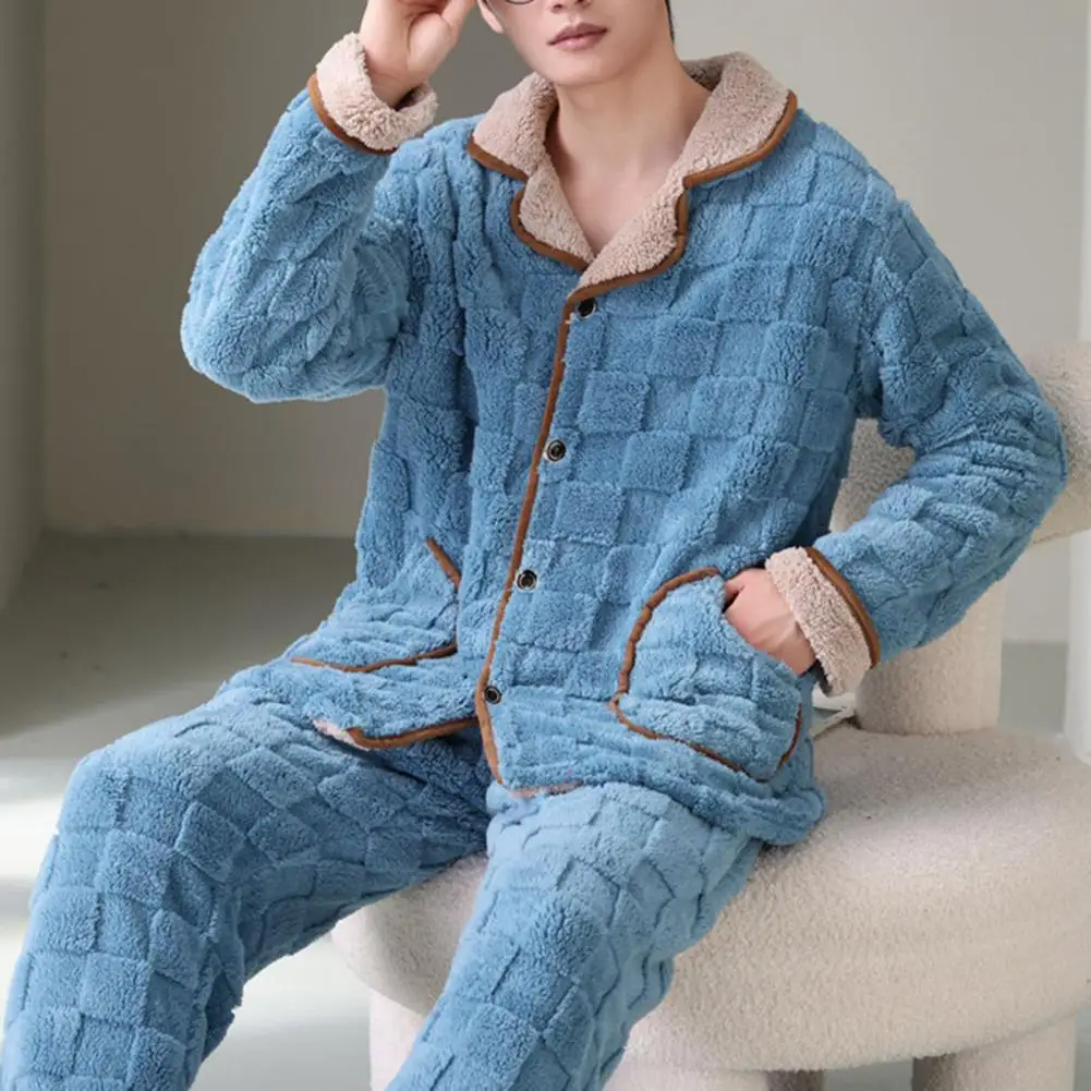 Men Plush Pajamas Set 2 Pcs/Set Winter Loungewear Thick Elastic Waist Pockets Coral Fleece Pants
