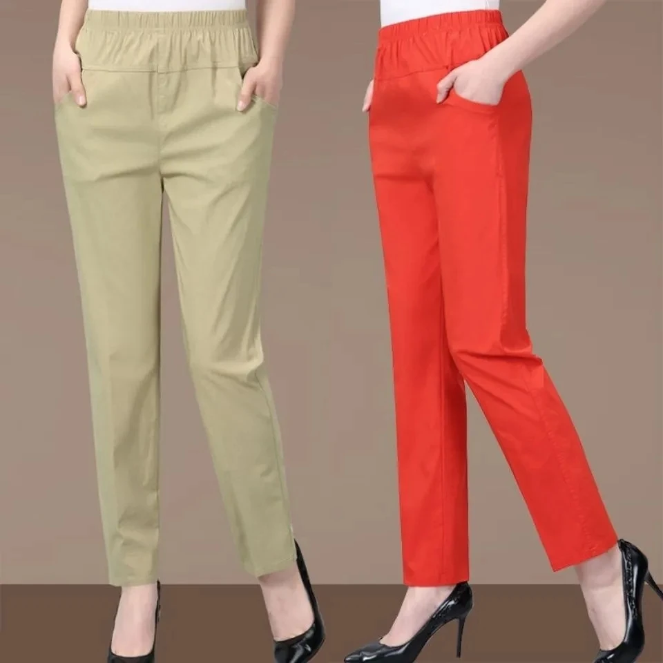 Women's Trousers Spring Summer Stretch Waist Cotton Pants Middle And Old  Lady Size Solid Casual Pants - AliExpress