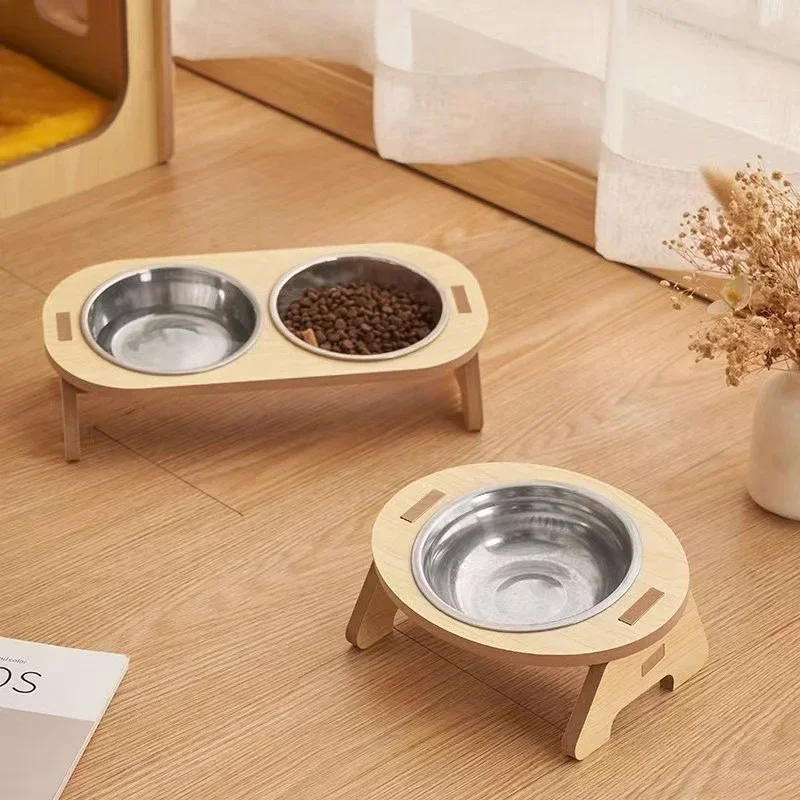 Wooden Double Cat Food Bowl with Anti Knockover Design