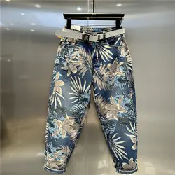 European 2024 autumn New Maple Leaf Printing Dyeing Cropped Jeans Women's Fashion Streetwear High Waist Loose Harem Denim Pants