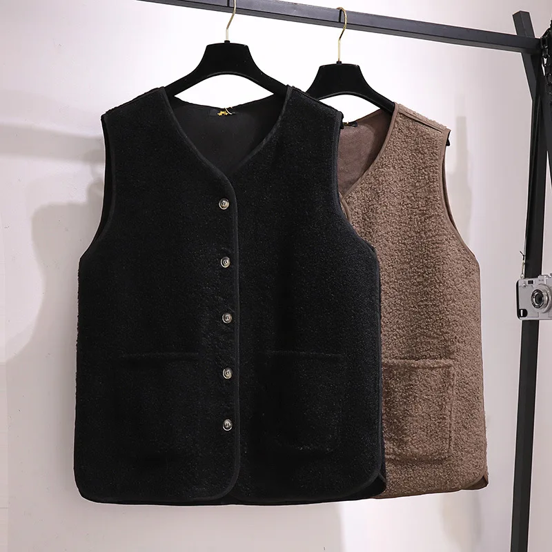 150Kg Plus Size Women\'s Bust 158 Faux Lamb Hair Waistcoat Vest  Autumn V-neck Single-breasted Solid Vest 6XL 7XL 8XL 9XL 10XL