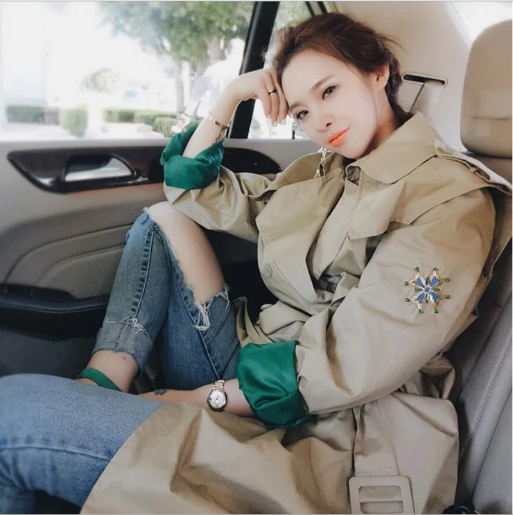 

Letter Flower Embroidery Long Casual Trench Coat Women Double Breasted Korea Style Oversize Work Business Streetwear Overcoat